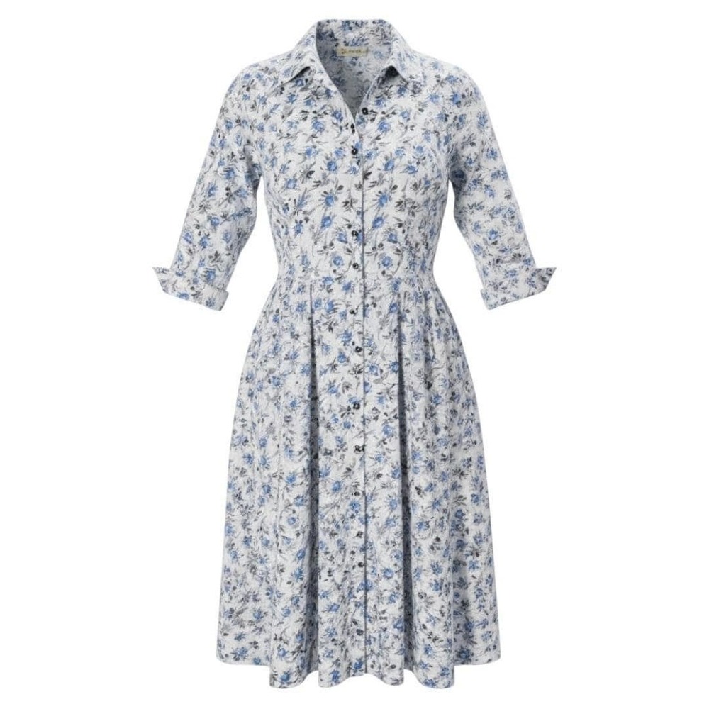 VTG Cay Artley Blue Floral Shirtwaist Dress Pleated Mid Century Rockabilly MEZ